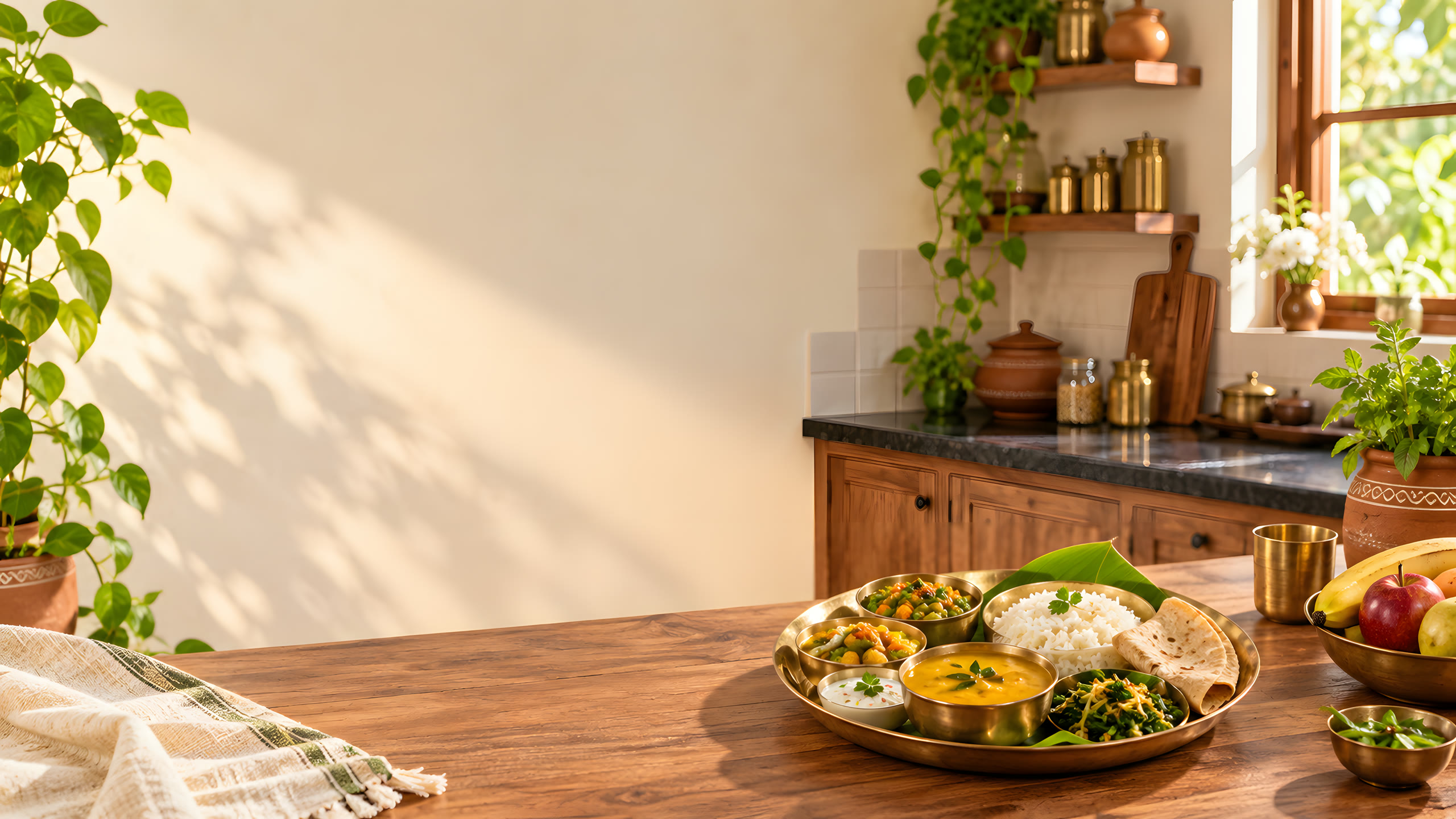 A warm timber kitchen, a thali set out on the wooden table.