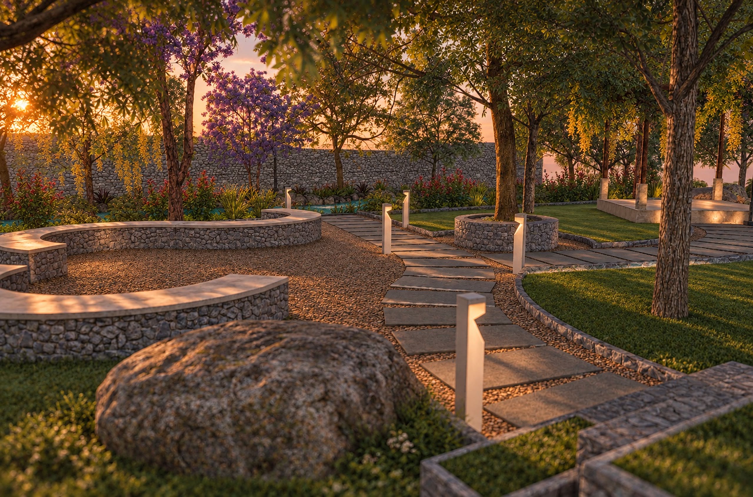 Boulders and a stone path through grass at sunset, trees beyond.