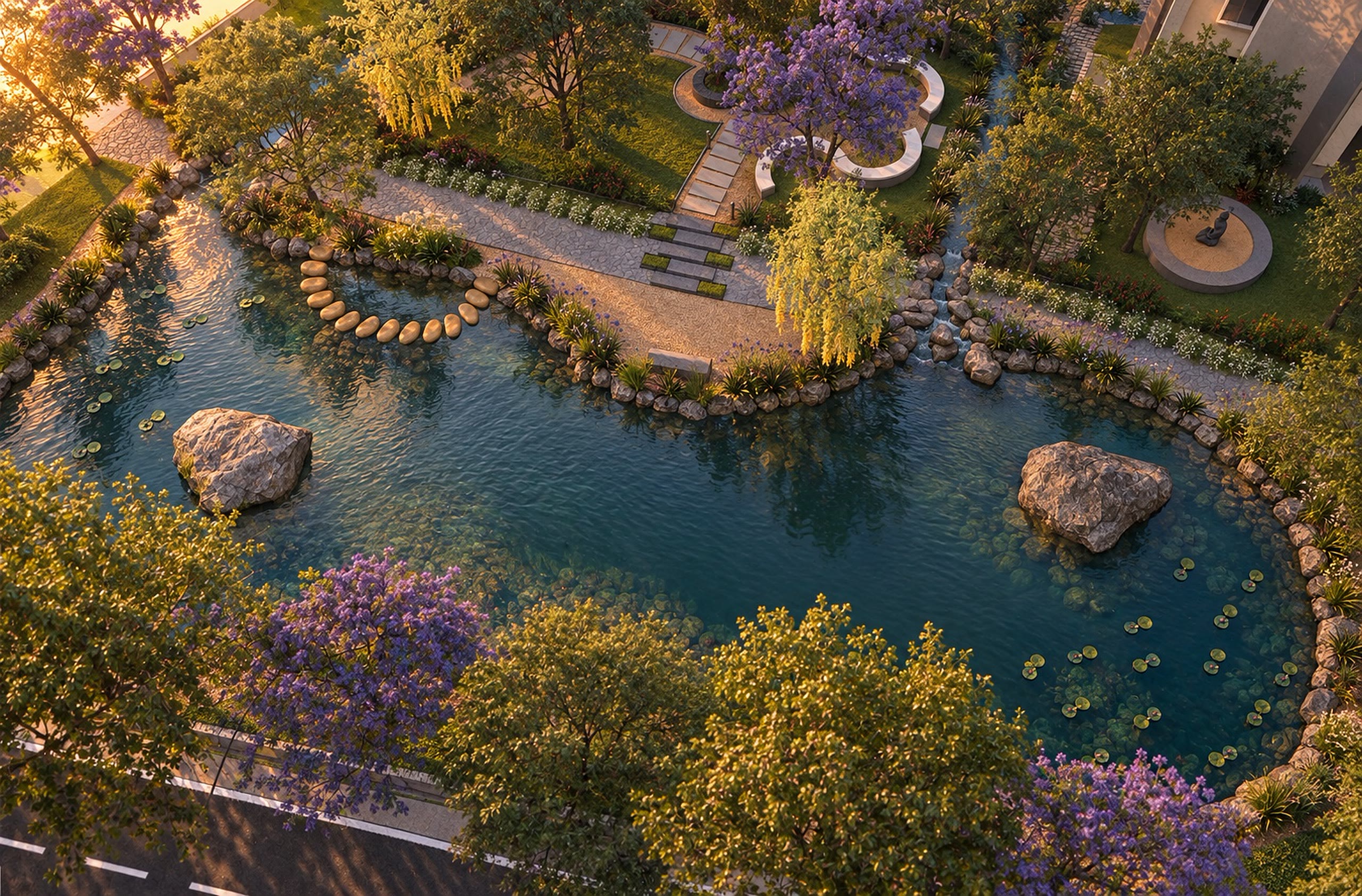 A free-form stone-edged pool in a forest clearing, loungers under umbrellas and planting close to the water.