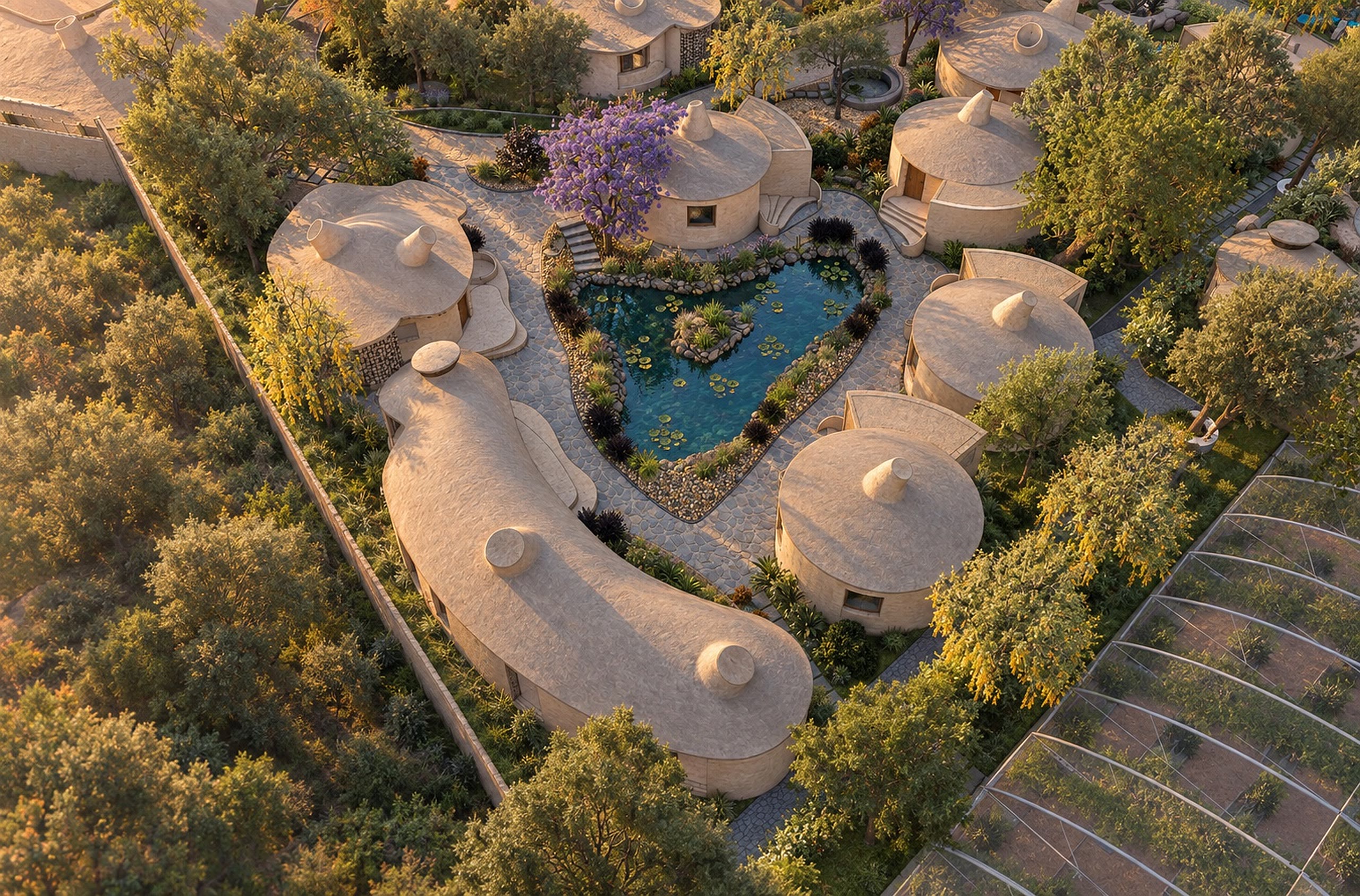 Cottages stepping across a slope from above, water pooling between them, terraces to one side.