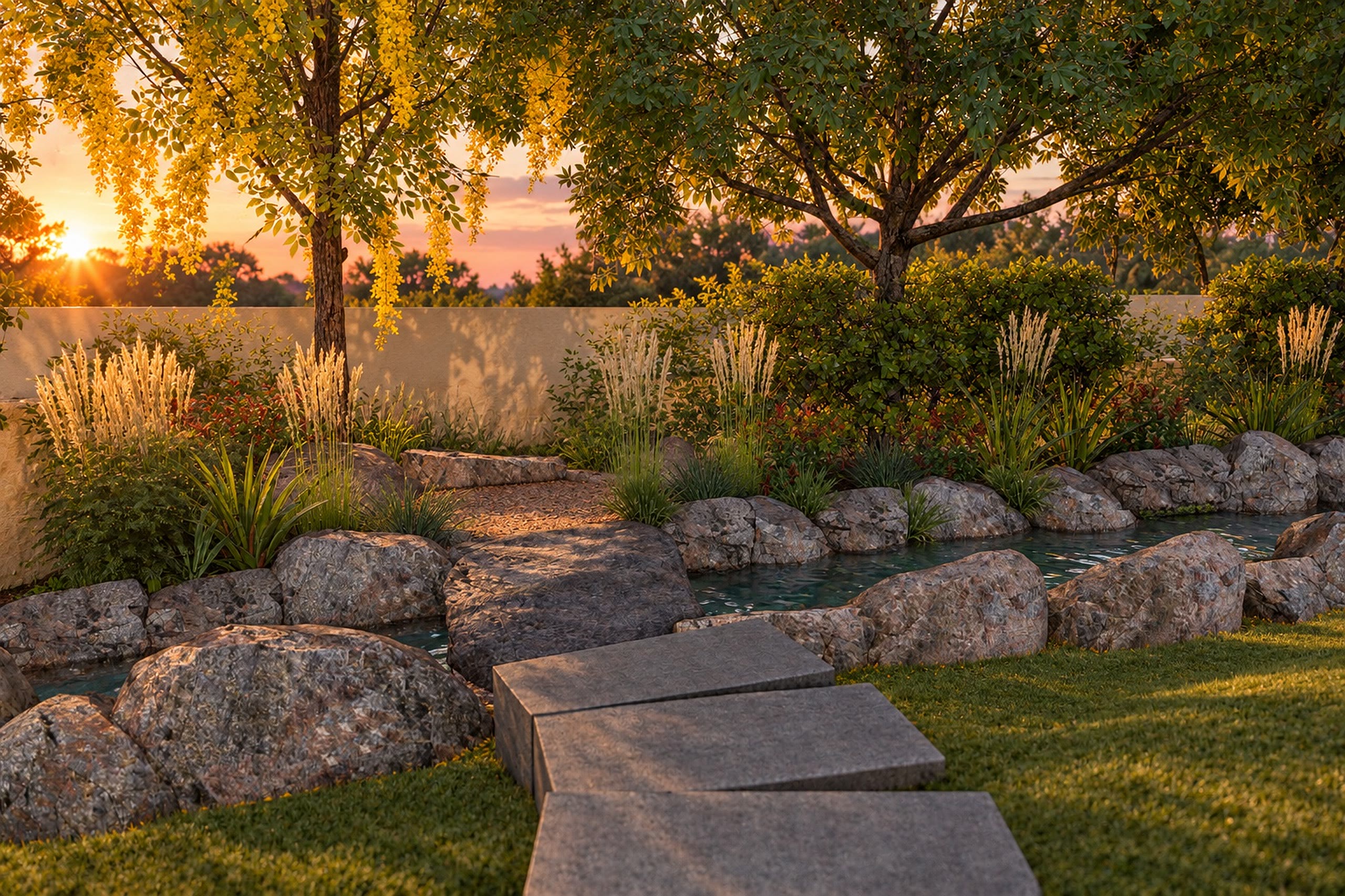 A flagstone path winding uphill through a garden of shrubs and flowering plants under spreading trees.