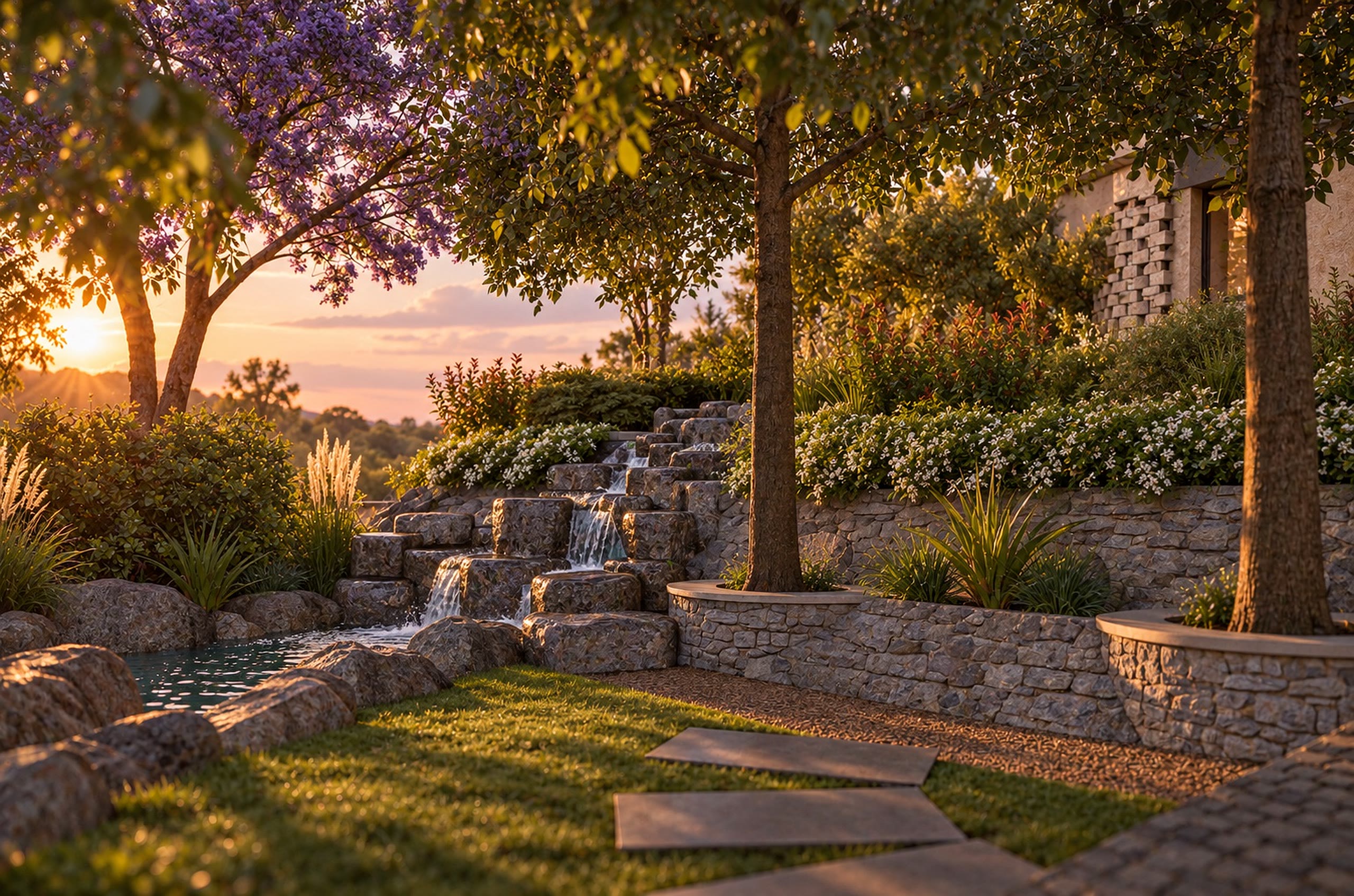 Water stepping down a stone wall into a channel beside a lawn.