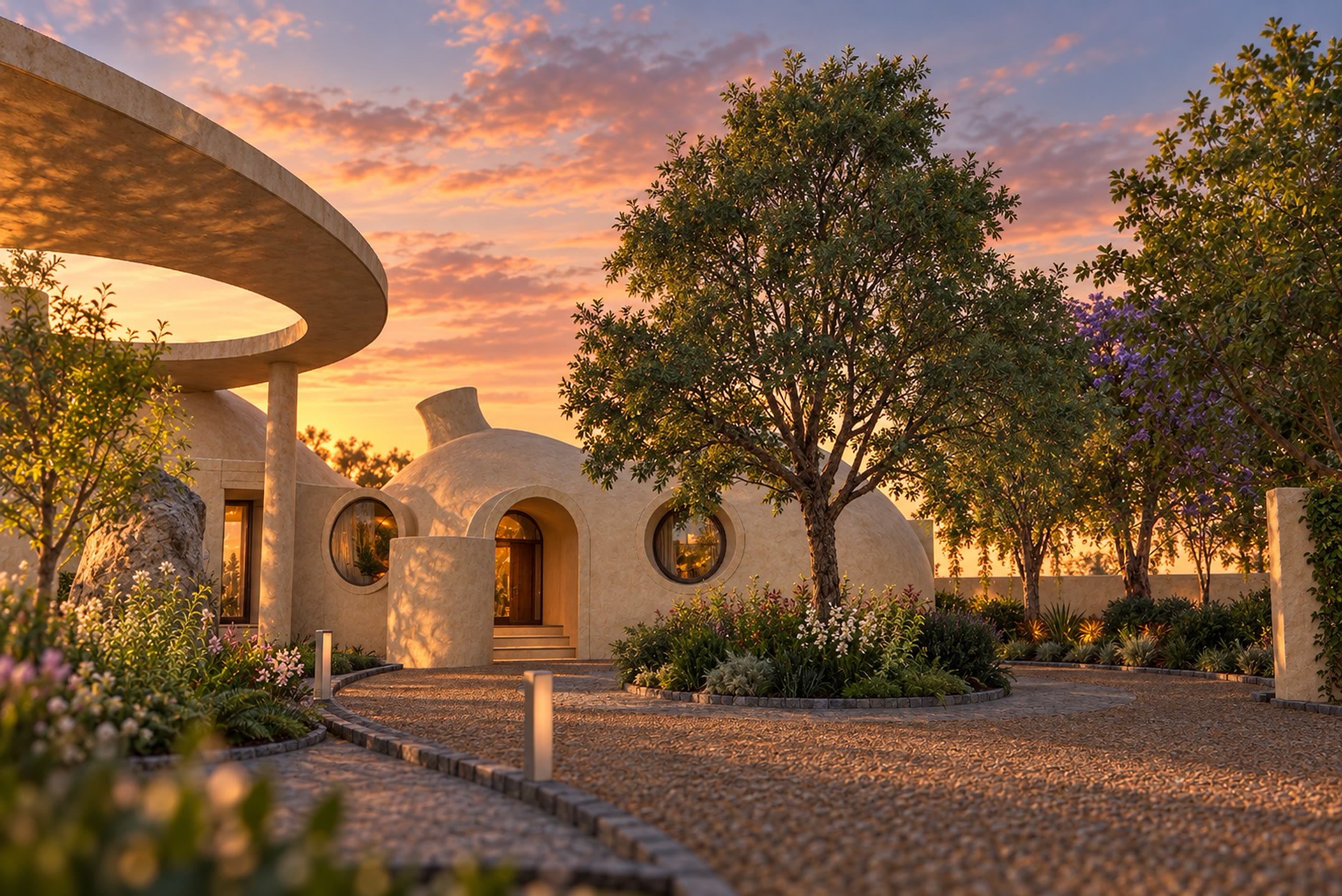 A low earth-walled building with an arched doorway, trees around it, the sky going orange.
