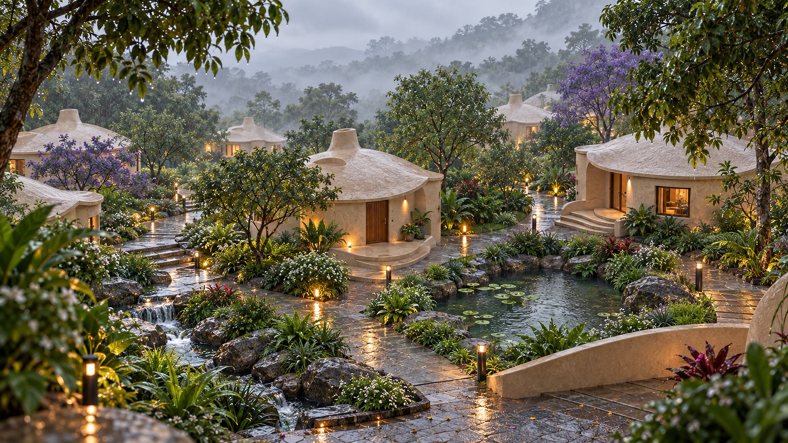 A stream and pond among cottages in mist, small lights along the water.