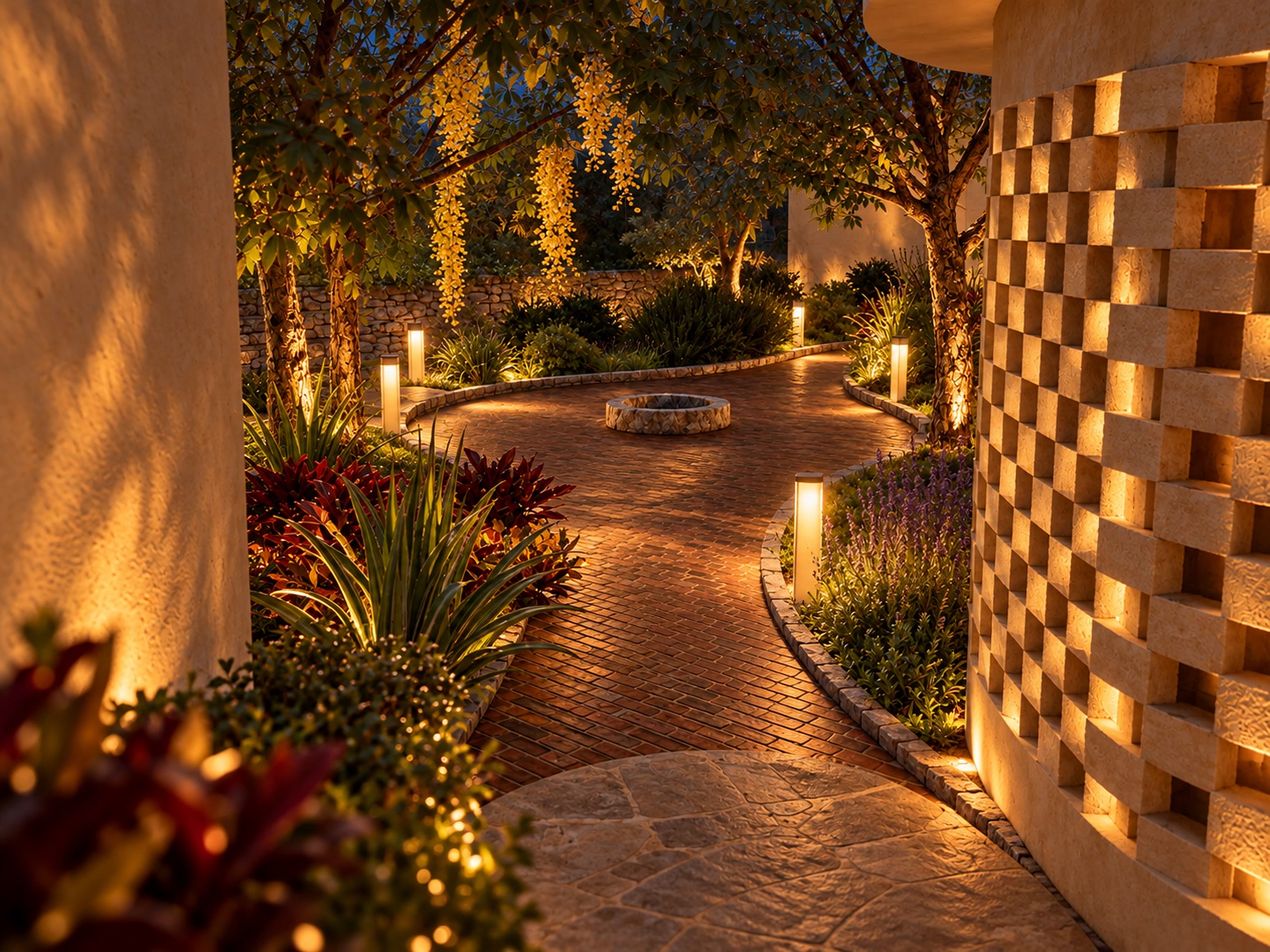 A glass pavilion lit warm at dusk in a pine forest, stepping stones leading through ferns to its deck.