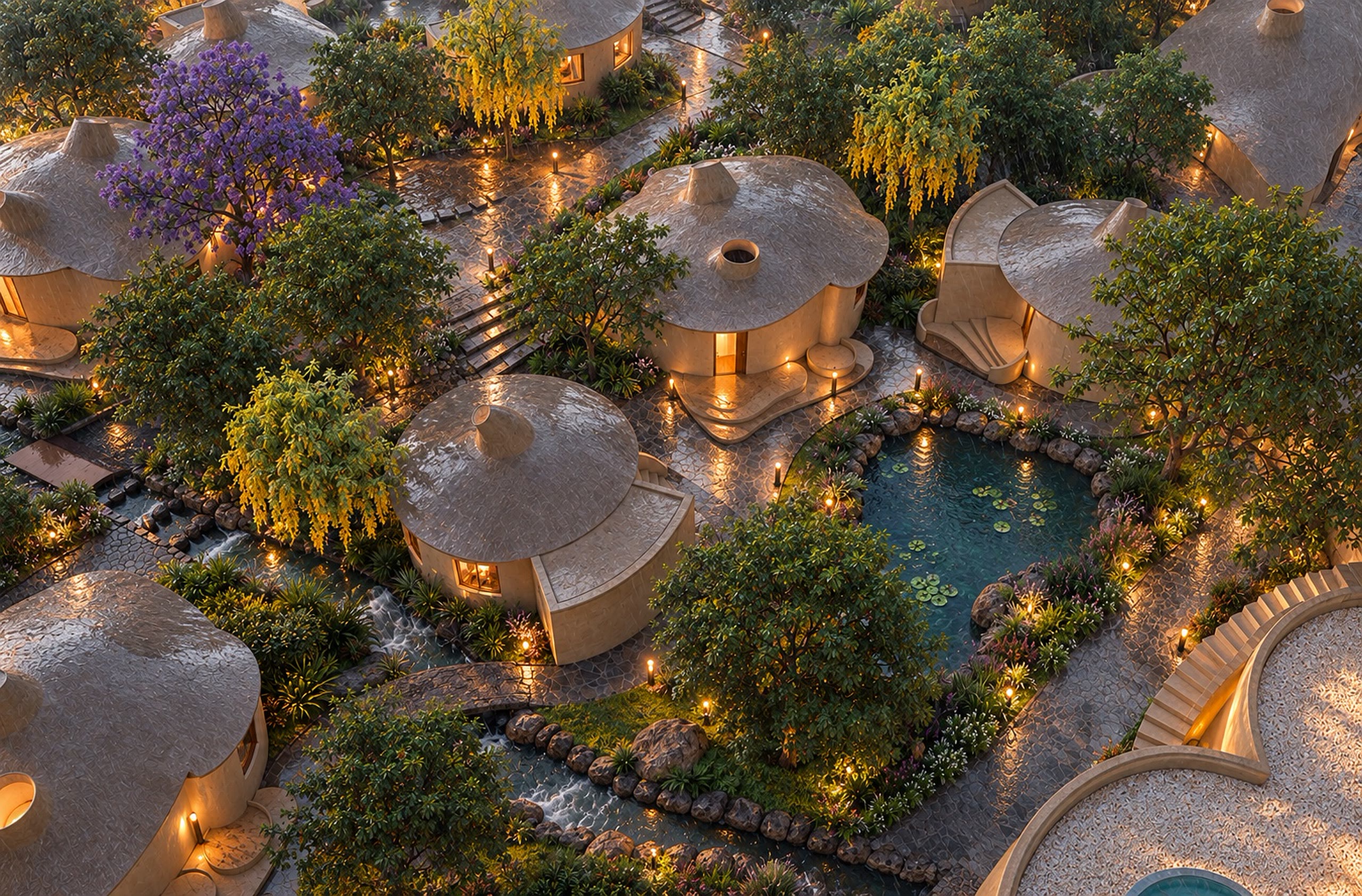 The retreat at dusk from above, cottages lit and water between them.