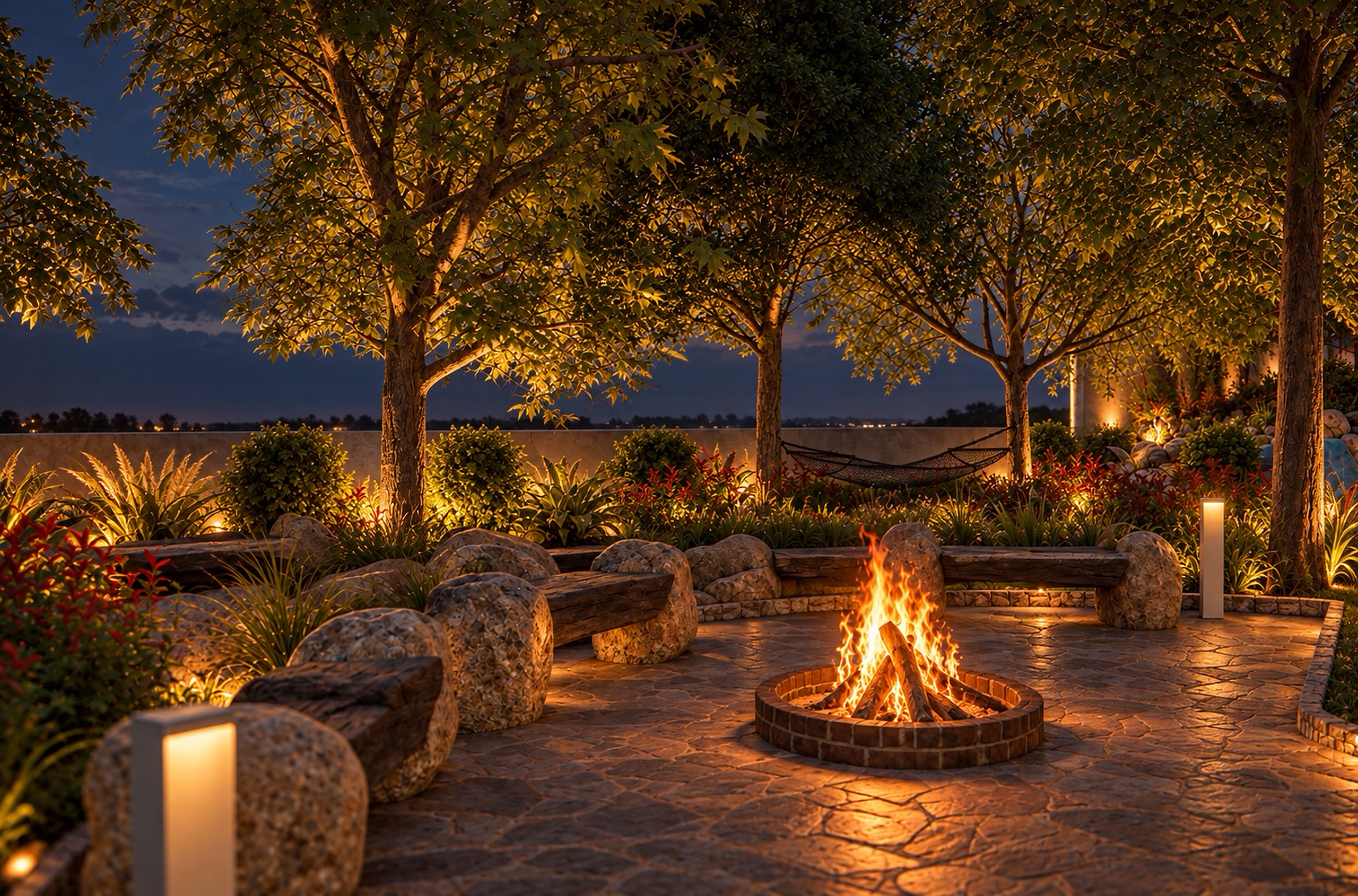 A fire pit at dusk, stone benches around it, lamps lit among the trees.