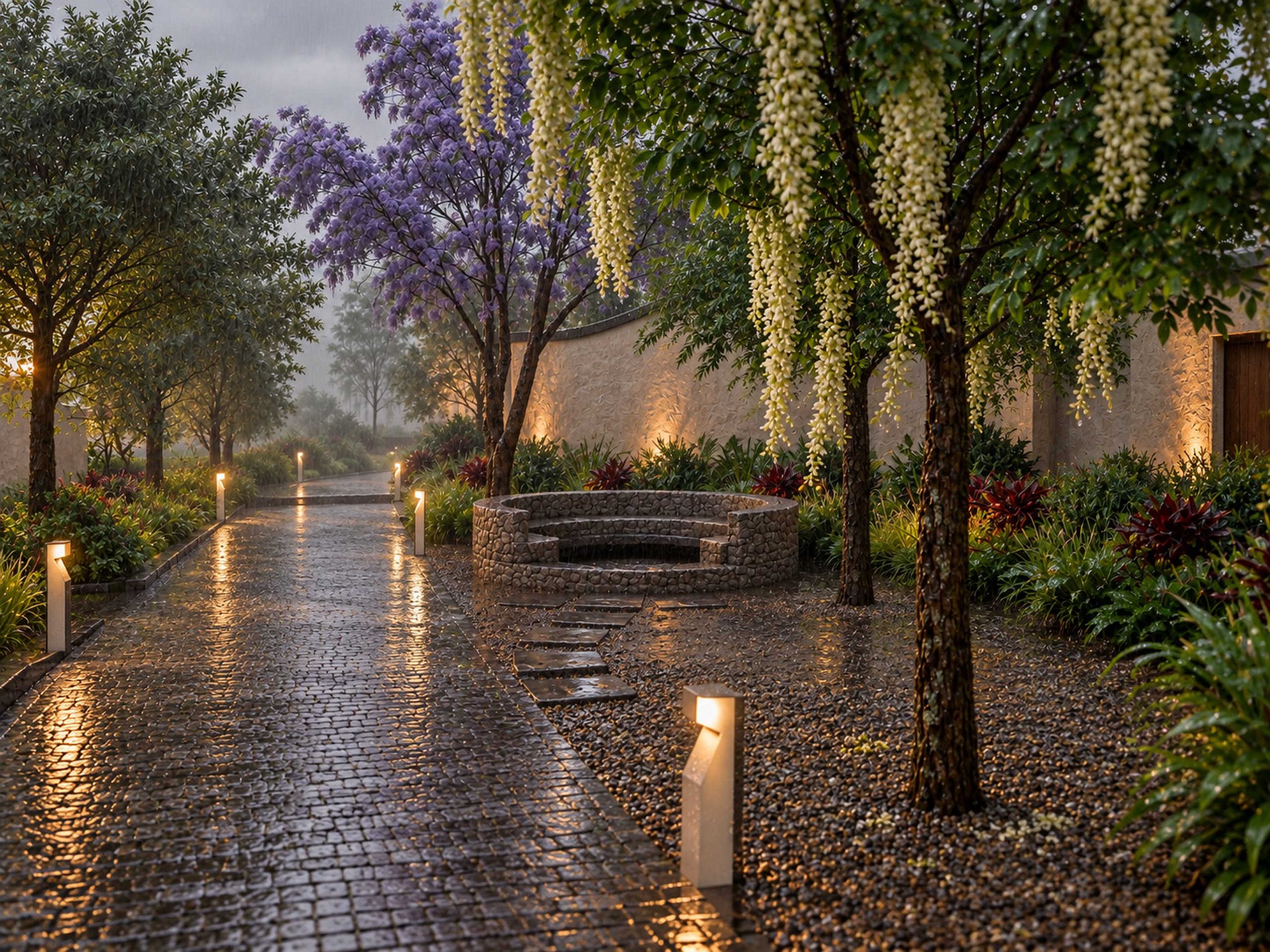 The same courtyard in rain, the paving wet and the trees dripping.